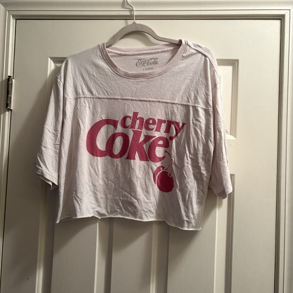 Coca Cola Women's L 12/14 Pink Cherry Coke Short Sleeve Crop Shirt